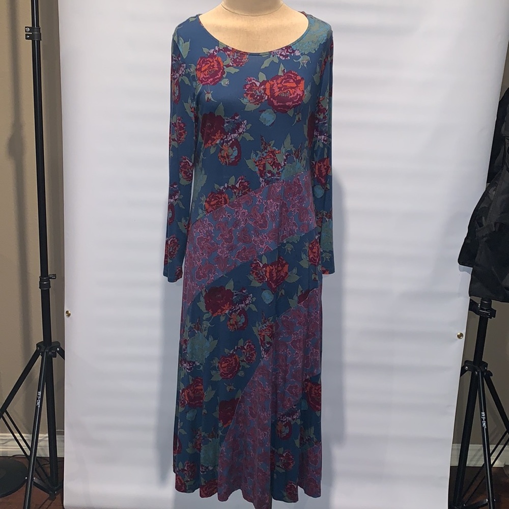 Soft Surroundings Teal Maxi Dress with Red Rose and Purple Paisley Print